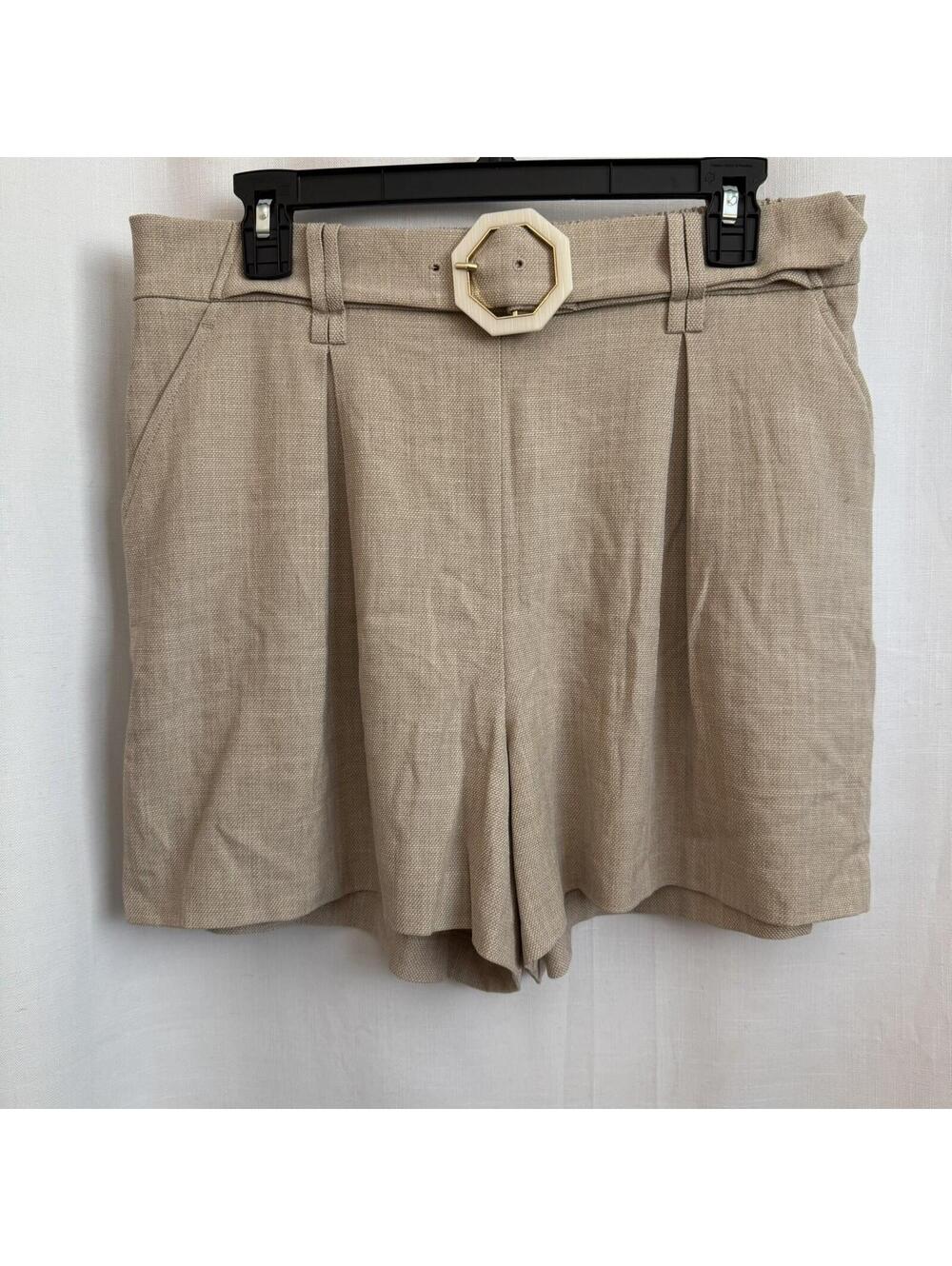 Rachel Zoe 12 Womens Shorts High Waisted Beige Linen Look W/ Faux Ivory Buckle